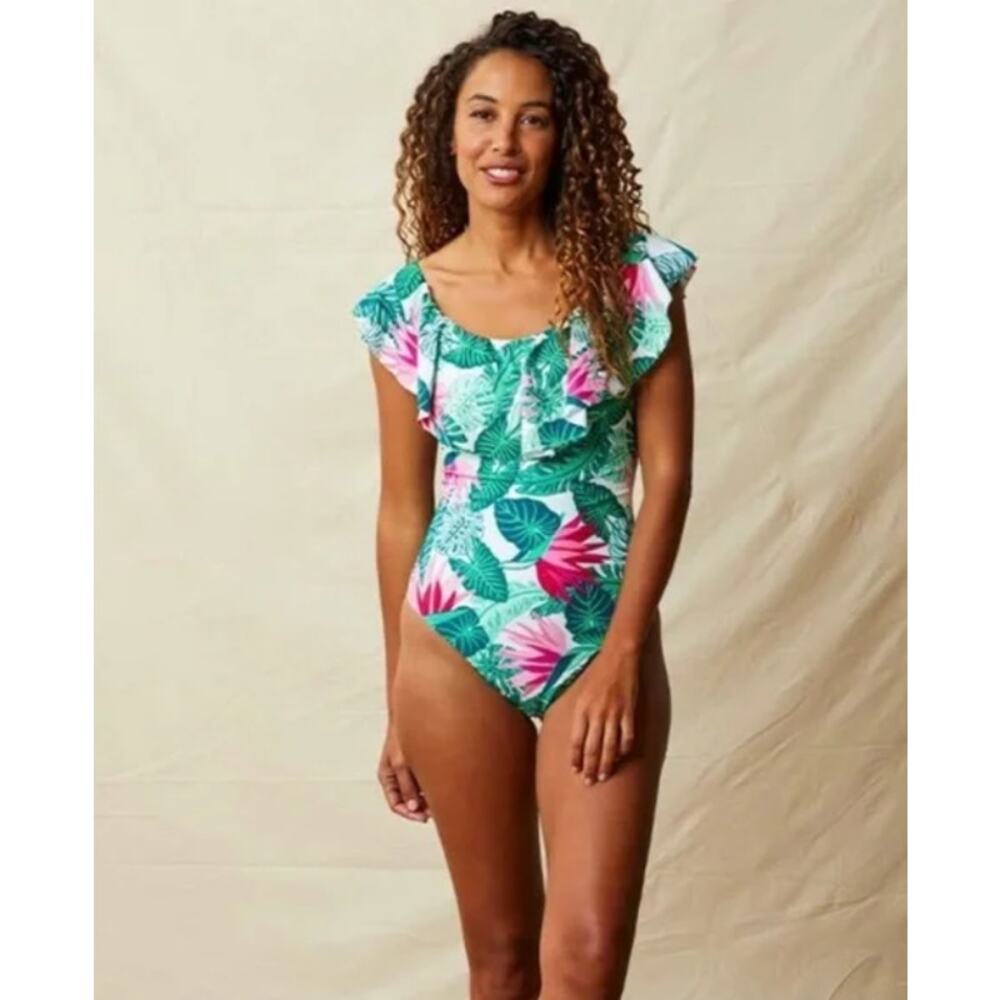 Matilda Jane Palm Tree Paradise Green/Pink Ruffle One Piece Swimsuit Size M
